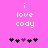 Pixelated text 'i love cody' on pink background with black and purple heart icons below, two variations of heart positions.