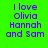 Green background with purple text reading "I love Olivia Hannah and Sam" in four , each with a light blue horizontal bar over different lines of text