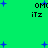 Green background with scattered blue plus signs and repeated pixelated text reading "OM( iTz" in black.