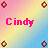 Pixelated static buddy icon with pastel gradient background and four small circular corner elements, featuring prominent pink text reading "Cindy" in the center.