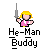 Pixel art character with blonde hair and pink top holding a sword, with yellow lightning effects above head in some frames, text below reads "He-Man Buddy" and "I Have The POWER!".