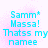 Pixelated cyan text on pink background reads "Sammy* Massa! Thatss my namee" in four identical with slight color variations