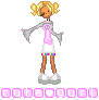 Pixel art character with blonde pigtails, pink top, white skirt, and brown legs standing against gray background.