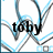 Pixelated icon with black lowercase text 'toby' centered over abstract blue and gray line art on white background.