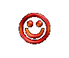 Red circular icon with smiling face rotates through multiple angles against gray background.