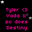 Pixelated text in bright pink on black background with scattered white and gray stars, repeating 'Tyler <3 Vada & so does Destiny' across multiple