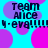 Pixelated cyan background with overlapping pink and purple circles, displaying 'Team Alice' text above repeated 'q-eva!!!!!!' in dark blue pixel font.