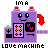 Pixel art of a purple robot with red accents, smiling face, and two control showing colored dots; text reads "LOVE MACHINE" below