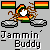 Pixel art icon with gray background showing a character with dreadlocks, Rastafarian colors, two flags, and text reading "Jammin' Buddy".