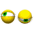 Yellow spherical object with green eyes animating through multiple eye-opening and closing states across three of frames