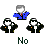 Pixel art of three figures with a blue-shirted leader, two black-suited followers, and text reading 'No', 'More', and 'Questions!!' on gray background.