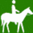White silhouette of a horse with a rider on a solid green background, rendered in low-resolution pixel art style.