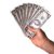 A hand holds a fan of US dollar bills next to repeated green pixelated 'money' text on white background with gray rectangle.