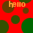 Red background with scattered green and brown circles; orange text 'hello' appears in four locations across the image.