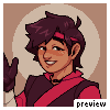 Pixel art character with dark purple hair, red headband, and red-and-brown outfit waving against beige circular background.