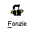 Pixelated character with black hair and white face wearing black jacket with yellow accents, standing against gray background with 'Fonzie' text below.