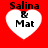 Red background with four white heart shapes, each containing black text reading "Salina & Mat" in a pixelated font.
