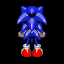 Blue anthropomorphic hedgehog with red shoes and white gloves in multiple poses including walking, standing, and waving against black background.