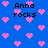 Blue background with pink pixelated hearts and black text reading "Anna Rocks" in multiple positions.