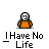 A 3x3 contact sheet of an animated pixel art icon featuring a white stick figure with orange shirt against gray background, showing text bubbles changing across frames.