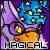 Animated contact sheet of a purple bird-like character with orange beak wearing blue wizard hat and glasses, displaying frame-by-frame animation changes across five sampled frames.
