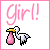 Pixel art contact sheet showing two frames of an animated icon with pink text and a stork delivering a baby bundle, bordered by solid pink frame on white background.