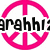 Six circular peace sign icons in pink, green, and blue arranged in two with text fragments and a pink checkered pattern below