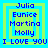 Four identical pixelated display blue text on green and blue backgrounds with names and "I LOVE YOU" at the bottom