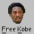 Pixelated portrait of a person with short dark hair and facial stubble, below which is text reading "Free Kobe" in blocky font.