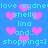 Blue background with repeating pink heart shapes and cyan text reading 'love sydney', 'shelly', 'lina', 'and...', 'shopping=]' in pixelated font.