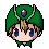 Pixel art character icon with three distinct facial expressions across sampled frames, featuring a green hat with purple gem and brown hair against gray background.