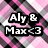 Pixelated icon with pink and gray camouflage background, black-outlined white text reading 'Aly & Max <3' centered over the pattern.