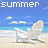 Animated beach scene with white Adirondack chairs on sand, blue sky and ocean background, text "summer" animating across frames.