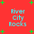 Red background with green plus signs and cyan text reading River City Rocks arranged in four quadrants.