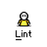 A 4x4 contact sheet of a pixel art animation featuring a yellow stick figure with white head and limbs performing various poses, labeled "Lint" beneath each frame on a gray background.