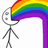 A stick figure with a round head emits a rainbow arc from its mouth against white background, later displaying text overlay.
