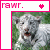A pixelated white tiger cub lies on green grass, framed by a border with 'rawr.' text and heart symbols in alternating pink or green colors.