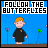 Animated pixel art of a character in black robe with yellow emblem, following butterflies on blue background with green stems and flowers.