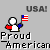 Pixelated graphic of a figure holding an American flag with 'USA!' text above and 'Proud American' below on gray background.