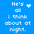 Blue background with white pixelated text reading "He's all i think about at night." and four variations of a heart or star symbol.