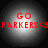 Four circular grayscale gradient backgrounds with red pixelated text reading "GO PARKERS<3" arranged in a