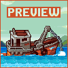 Pixel art of a damaged fishing boat on blue water beneath a light green sky with clouds and an orange 'PREVIEW' banner at the top.