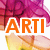 A pixelated image with a pink and purple floral background, orange text reading "ARTI" on the left side, and yellow-orange accents at the bottom.