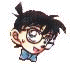 Six chibi-style character headshots with black spiky hair, round glasses, and varying expressions including smiling, blushing, star-eyed, and holding yellow stars.