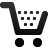 Black pixelated shopping cart icon with white basket interior, nine square grid pattern, two circular wheels, and a curved handle on light gray background.