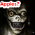 Pixelated character with wide eyes and a grin, featuring red text overlays reading 'Apples?' and 'AerocendevII' on dark background.