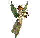Animated angel figure with green wings and flowing dress holding a bouquet, shown in four sequential poses against gray background.
