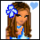 Pixelated character with brown hair and blue flower accessory, wearing light blue dress with white star pattern, holding light blue heart icon.