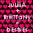 Pixelated text displays 'JULIA + BRITTANY = besties' over a heart-patterned background with two color variations.