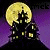 identical pixelated icons featuring a haunted house silhouette against a full moon on purple background